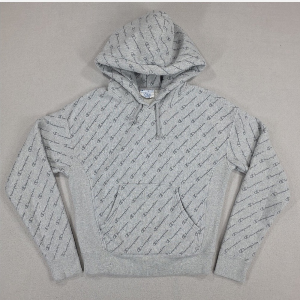Champion Reverse Weave Hoodie Mens 2XL Gray Logo All Over Print Heavyweight